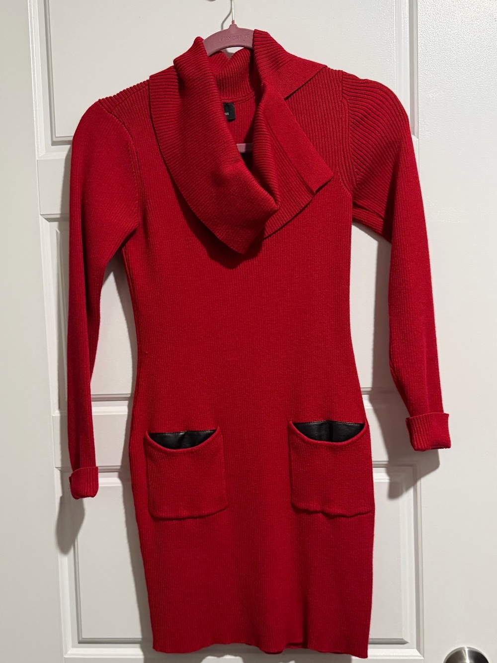 BCX Red Cowl Neck Sweater Dress with Front Pockets